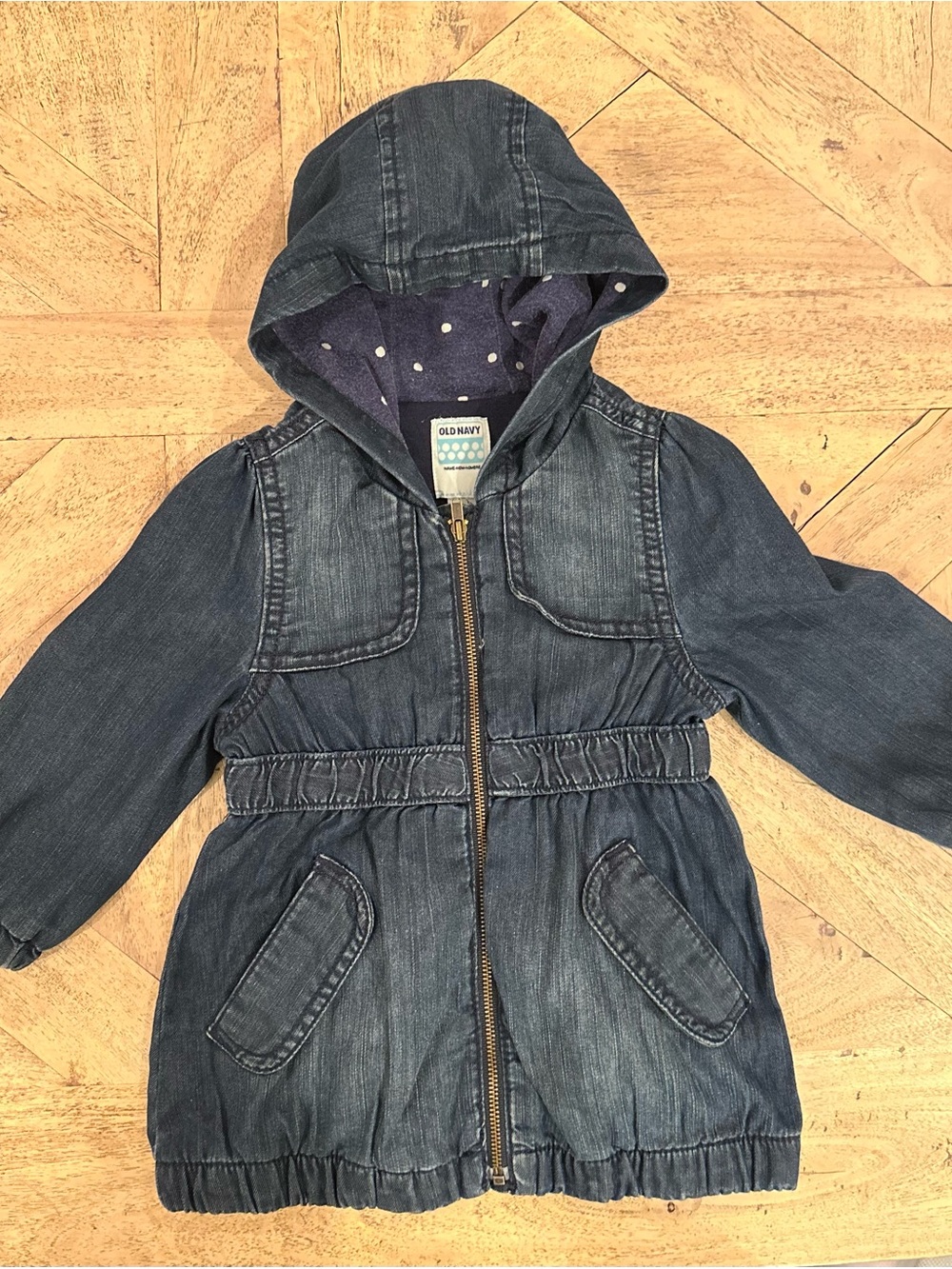Old Navy Dark Blue Hooded Denim Jacket with Polka-Dot Lining